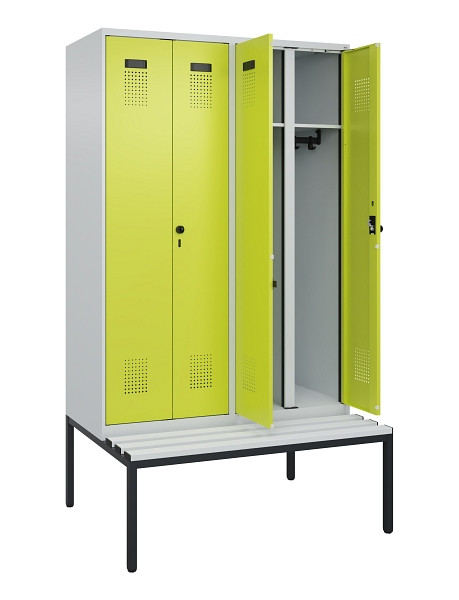 C+P Schwarz-Weiß-Spind Evolo PLUS, Bank, 4 Abteile, 2120x1200x815mm, 7035/0024, Drehriegel, Sitzfläche Kunststoff, Sitzbank, 0490527-40 S10069