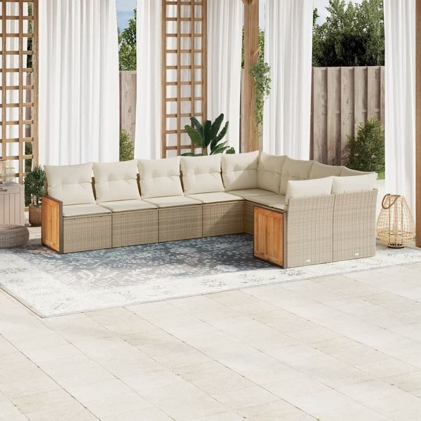 vidaXL 9-teilig Garten-Sofagarnitur mit Kissen Beige Poly Rattan, 3227983