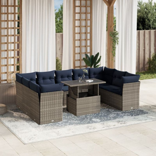 vidaXL 10-teiliges Gartensofa-Set mit Kissen, grau, Polyrattan, 3266821