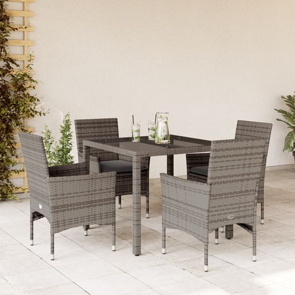 vidaXL 5-teilig Garten-Essgruppe mit Kissen Grau Poly Rattan und Glas, 3278556