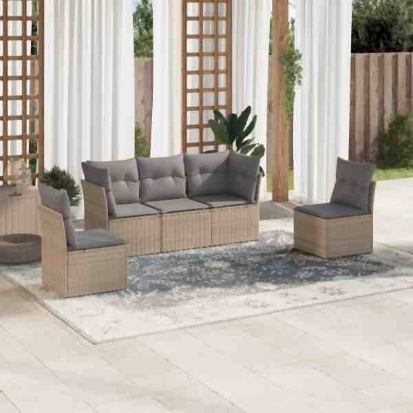 vidaXL 5-tlg. Garten-Sofagarnitur mit Kissen Beige Poly Rattan, UV-beständig, 3249188