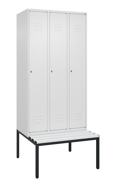 C+P Umkleidespind Classic PLUS, mit untergebauter Sitzbank, 3 Abteile, 2120x900x815mm, 9016/9016, Zylinderschlösser, 0800507-30 S10028