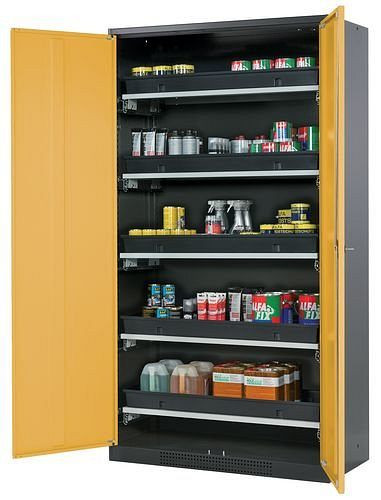 asecos Chemikalienschrank Systema-T CS-105, Korpus anthrazit, Flügeltüren gelb, 5 Tablarauszüge, 208973