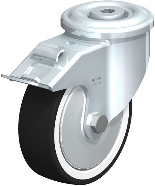 Blickle LKR-POTH 125G-FI-FA Stahlblech-Lenkrolle, schwere Ausführung, mit Rückenloch & Feststeller, Thermoplastisches Polyurethan, Grau, 750583