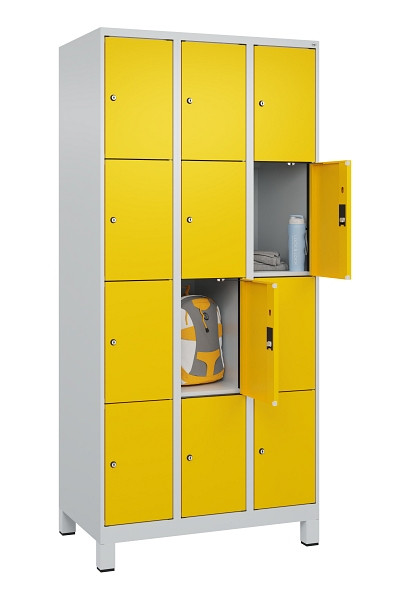 C+P Schließfachschrank Evolo PLUS, mit Füßen, 12 Fächer, 1950x900x500mm, 7035/1, Frontfarbe RAL 1023 Verkehrsgelb, 049010-304 S10001