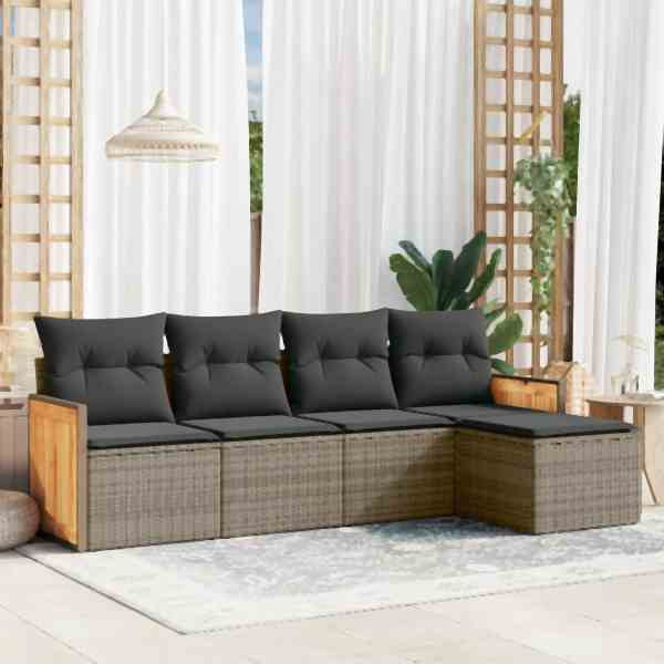 vidaXL 5-tlg. Garten-Sofagarnitur mit Kissen Grau Poly Rattan, UV-beständig, 3227600