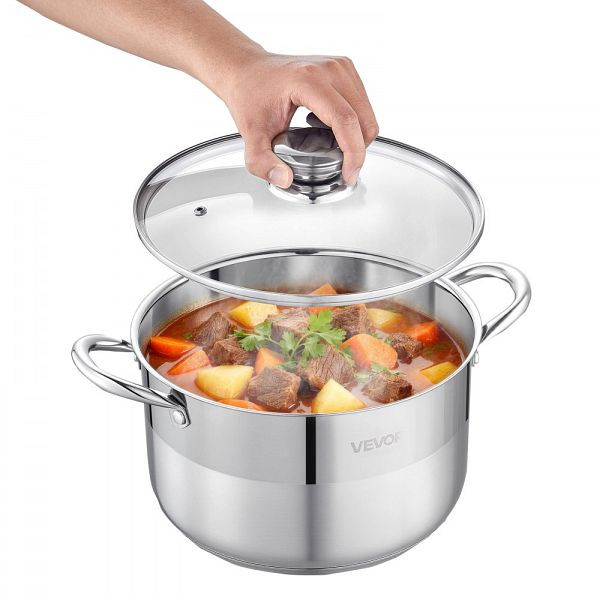 VEVOR Edelstahl Kochtopf 7,6 L mit Glasdeckel, Induktionsgeeignet, PFOA- & PFAS-frei für Gas- und Elektroherde, JTTG8QTBXGLS0BJU5001V0