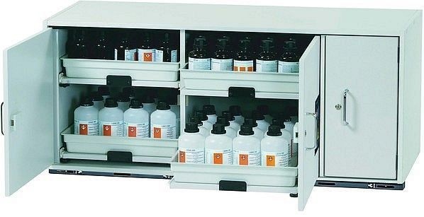 asecos Säuren- und Laugenunterbauschrank SL-CLASSIC-UB Modell SL.060.140.UB.3T in lichtgrau mit 4x Tablarauszug (FP-Platte/Polypropylen), 30616-892-30618
