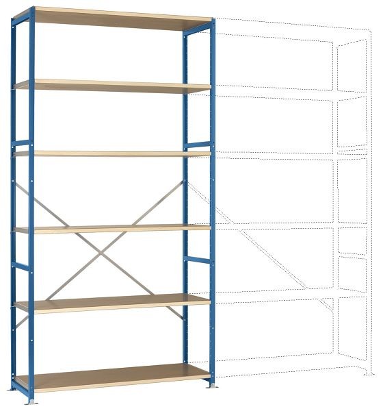Manuflex Breitfach-Steckregal Grundregal mit 6 Holzverbundböden, HxBxT = 2500 x 1280 x 1000 mm, brillantblau, RP1333.5007