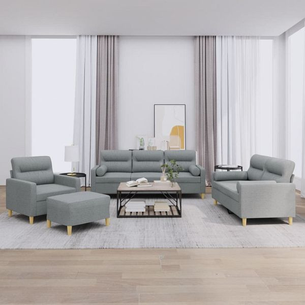 vidaXL 4-teilig Sofagarnitur mit Kissen Hellgrau Stoff, 3201560