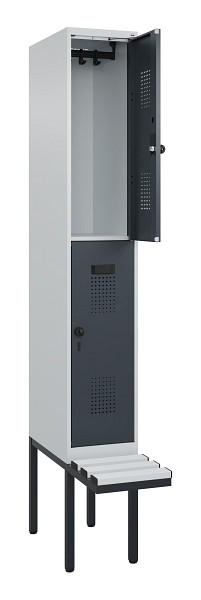 C+P Doppelstock-Spind Evolo PLUS, Bank, 2 Fächer, 2120x300x815mm, 7035/7016, Drehriegel, Sitzfläche Kunststoff, 0493407-10 S10093