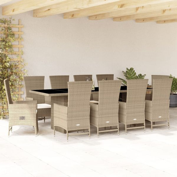 vidaXL 11-teilig Garten-Essgruppe mit Kissen Beige Poly Rattan, 3277588