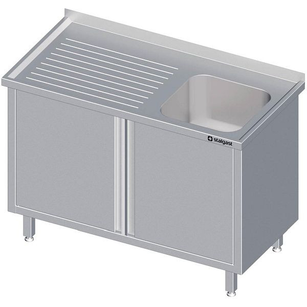 Stalgast Spülschrank mit Flügeltüren 1300x600x850 mm, mit einem Becken rechts, mit Aufkantung, verschweißt, VSK13620RA
