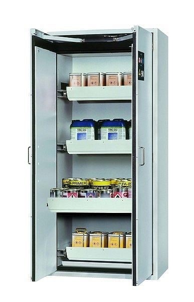 asecos Sicherheitsschrank S-CLASSIC-90, S90.196.090.WDAS in lichtgrau RAL 7035 mit 4x Auszugswanne Standard (Stahlblech), 30205-001-30218