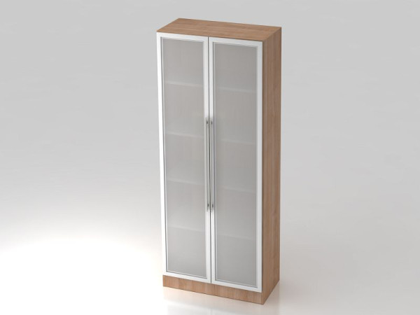 Hammerbacher Glastürenschrank 5OH, Sockelblende, Relinggriff Nussbaum/Silber, 80x42x200,4 cm (BxTxH), V7100G/N/S/RE