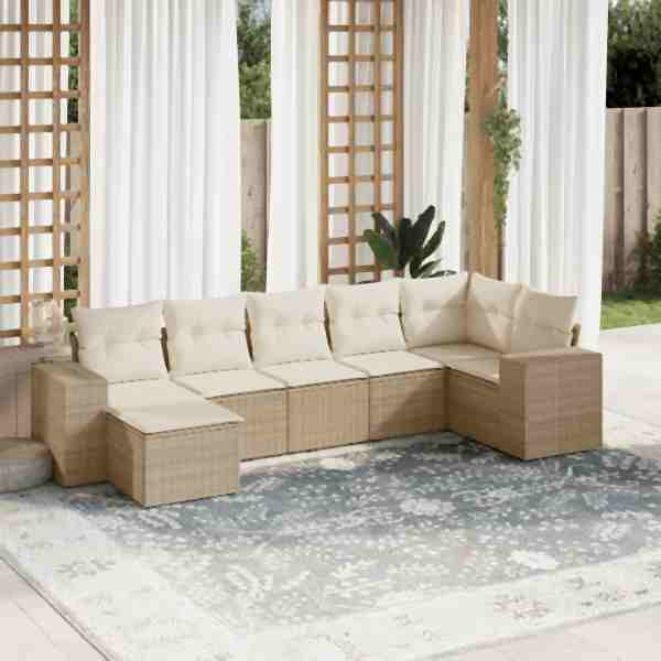 vidaXL 7-tlg. Garten-Sofagarnitur mit Kissen Beige Poly Rattan, UV-beständig, 3222877