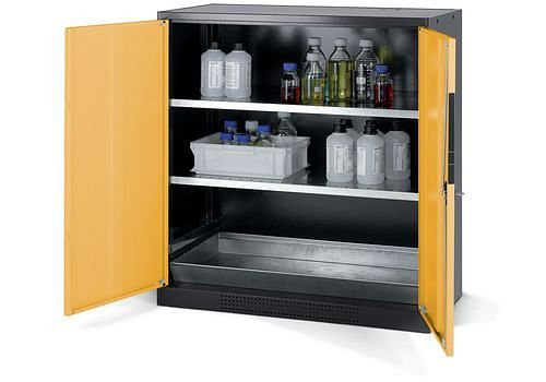 asecos Chemikalienschrank Systema CS-102, Korpus anthrazit, gelb, 2 Einlegeböden und Bodenwanne, 202599