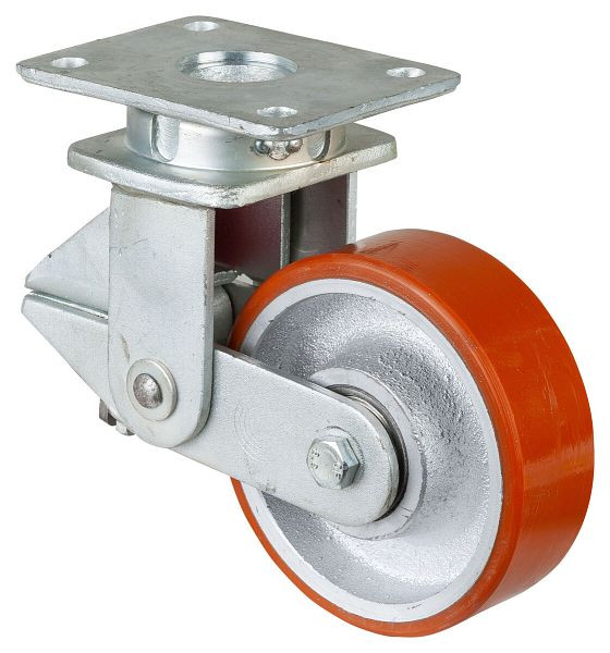 BS Rollen Gefederte Schwerlastrolle mit Feststeller, Breite 50 mm, Ø150 mm, bis 600 kg, Guss-Polyurethan 95 Shore A, Körper Guss, Kugellager, T120.C10.150