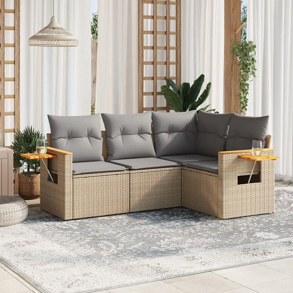 vidaXL 4-teilig Garten-Sofagarnitur mit Kissen Beige Poly Rattan, 3226773