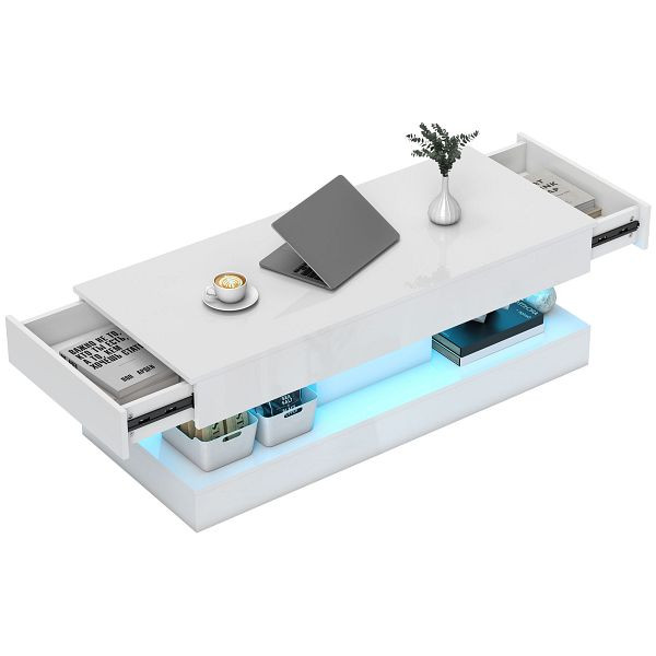 HOMCOM Wohnzimmertisch mit Schubladen und LED-Lichtern, moderner Sofatisch mit offener Ablage, Couchtisch, Spanplatte, Weiß, 83B-331V90WT