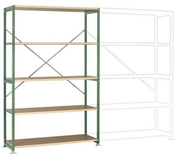Manuflex Breitfach-Steckregal Grundregal mit 5 Holzverbundböden, HxBxT = 2000 x 1280 x 400 mm, resedagrün, RP1026.6011