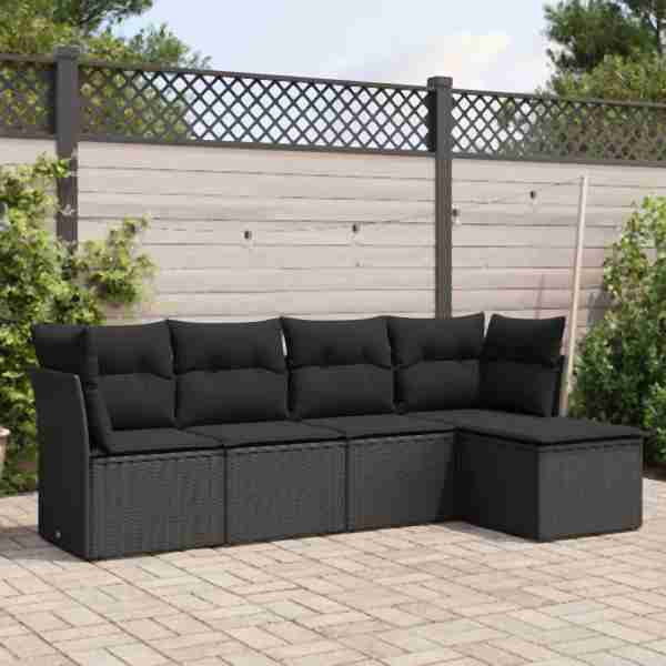 vidaXL 5-tlg. Garten-Sofagarnitur mit Kissen Schwarz Poly Rattan, UV-beständig, 3249394