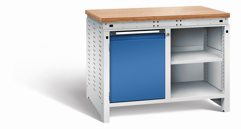 Otto Kind Werkbank Serie function Typ 210, Multiplexplatte 40 mm, bündig, 2x Unterbau, Gehäuse RAL 7035, Front RAL 5010, 072340186
