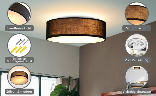 monzana Deckenlampe Schwarz Stoff Ø38cm, 109130, 4251776909226