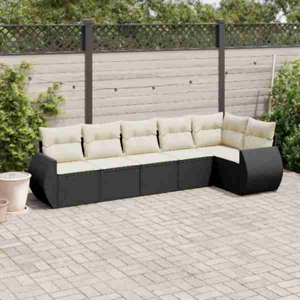vidaXL 6-tlg. Garten-Sofagarnitur mit Kissen Schwarz Poly Rattan, UV-beständig, 3221385