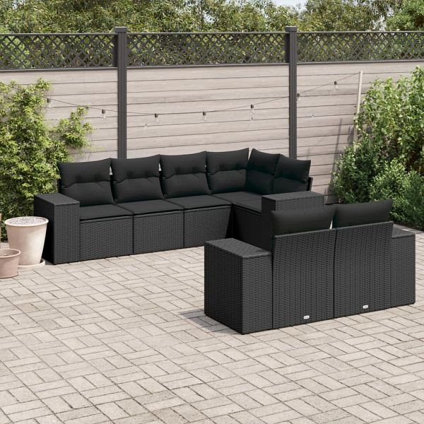 vidaXL 7-tlg. Garten-Sofagarnitur mit Kissen Schwarz Poly Rattan, 3222804