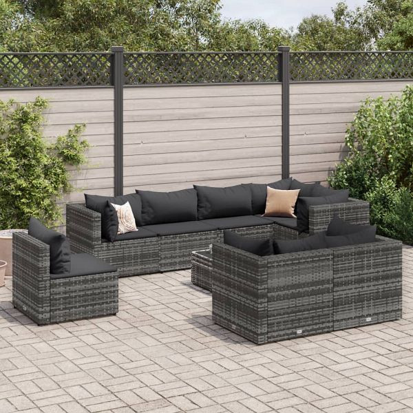 vidaXL 9-teilig Garten-Lounge-Set mit Kissen Grau Poly Rattan, 3308202