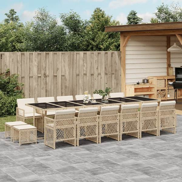 vidaXL 17-tlg. Garten-Essgruppe mit Kissen Beige Poly Rattan, UV-beständig, 3210826