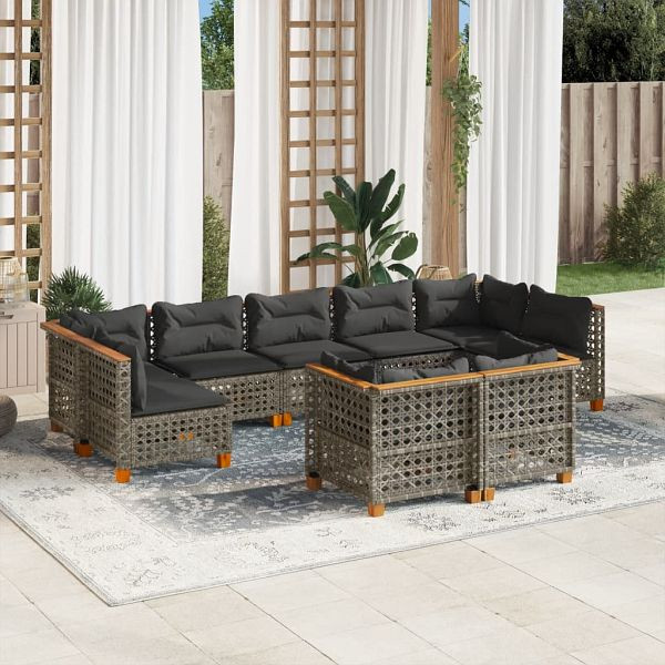 vidaXL 9-teilig Garten-Sofagarnitur mit Kissen Grau Poly Rattan, 3261993