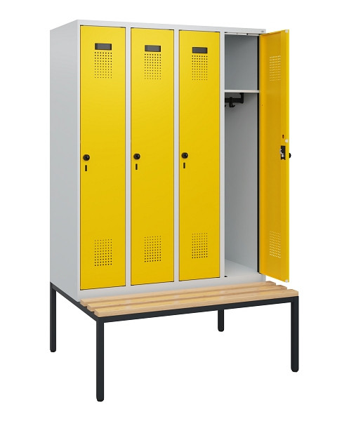 C+P Spind Evolo PLUS, 4 Abteile, 1950x1200x815mm, 7035/1023, Drehriegel, Sitzfläche Buche-Hartholz, Sitzbank, 0490505-40 S10001