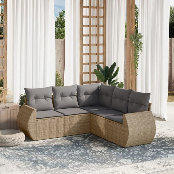 vidaXL 5-tlg. Garten-Sofagarnitur mit Kissen Beige Poly Rattan, 3221348