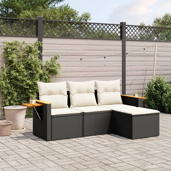 vidaXL 4-teilig Garten-Sofagarnitur mit Kissen Schwarz Poly Rattan, 3226742