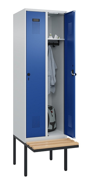 C+P Spind Evolo PLUS, 2 Abteil, 2120x600x815mm, 7035/5010, Drehriegel, Sitzfläche Holz, 0490407-20 S10006