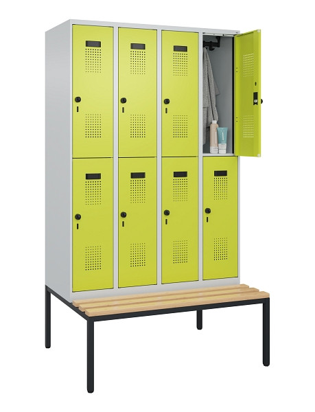 C+P Doppelstock-Spind Evolo PLUS, Bank, 8 Fächer, 2120x1200x815mm, 7035/0024, Drehriegel, Sitzfläche Buche-Hartholz, Sitzbank, 0493507-40 S10015