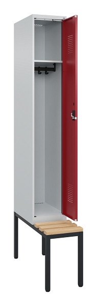 C+P Spind Evolo PLUS, 1 Abteile, 2120x300x815mm, 7035/3003, Haken 3, Zylinderschloss, Sitzfläche Buche-Hartholz, Sitzbank, 0490507-10 S10031