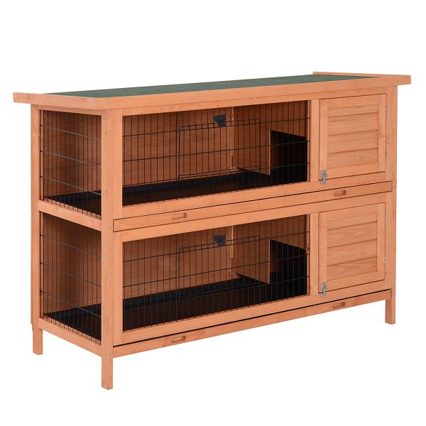 PawHut Hasenstall Kaninchenstall aus Holz mit 2 Etagen Asphaltdach Bodenwanne 136,4 x 50 x 93 cm Winterfest, D2-0046