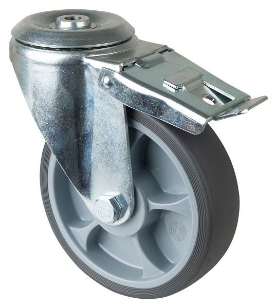 BS Rollen Transportrolle Lenkrolle mit Feststeller, thermoplastisches Gummirad grau, Kugellager, Rückenloch, Durchmesser: 160 mm, VE: 2 Stück, L121.A85.162
