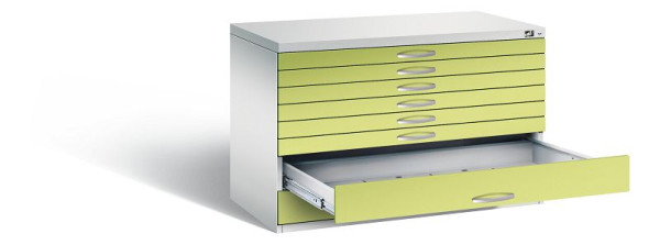 C+P Flachablageschrank Serie 7100_7200, H760xB1100xT765mm, Farbe: Lichtgrau / Viridingrün, Bügelgriff, 7101-200 S10309