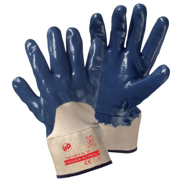 L+D CROSS-NITRIL1 Handschuhe mit Segeltuchstulpe, blau EN 388 Cat II, Größe: 10, VE: 144 Paar, 1451C-10