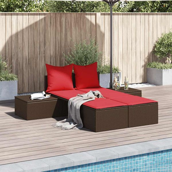 vidaXL Doppelte Sonnenliege mit Kissen Braun Poly Rattan, 368395