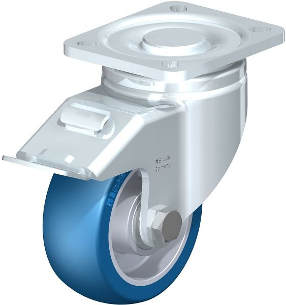 Blickle LH-ALBS 100K-1-FI Stahlblech-Lenkrolle, Schwerlast-Ausführung, mit Anschraubplatte & Feststeller, Blickle Besthane® Soft, Blau, 745161