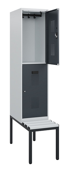 C+P Doppelstöckiger Spind Evolo PLUS, Bank, 2 Fächer, 1950x400x815mm, 7035/7016, Zylinderschloss, Sitzfläche Kunststoff, Sitzbank, 0493505-12 S10147
