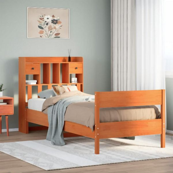 vidaXL Massivholzbett mit Regal ohne Matratze Wachsbraun 100x200 cm, 3323034