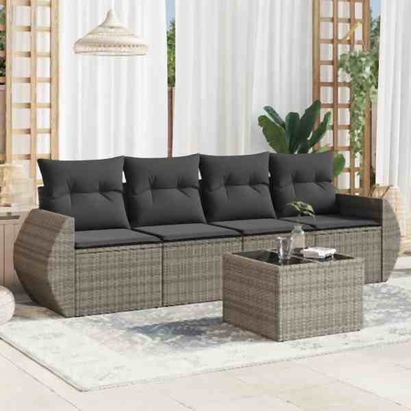 vidaXL 5-tlg. Garten-Sofagarnitur mit Kissen Grau Poly Rattan, UV-beständig, 3253427