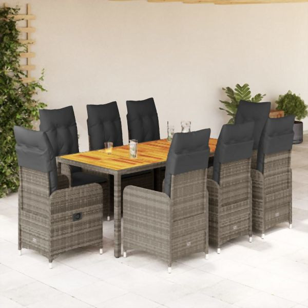 vidaXL 9-tlg. Garten-Bistro-Set mit Kissen Grau Poly Rattan, 3277026