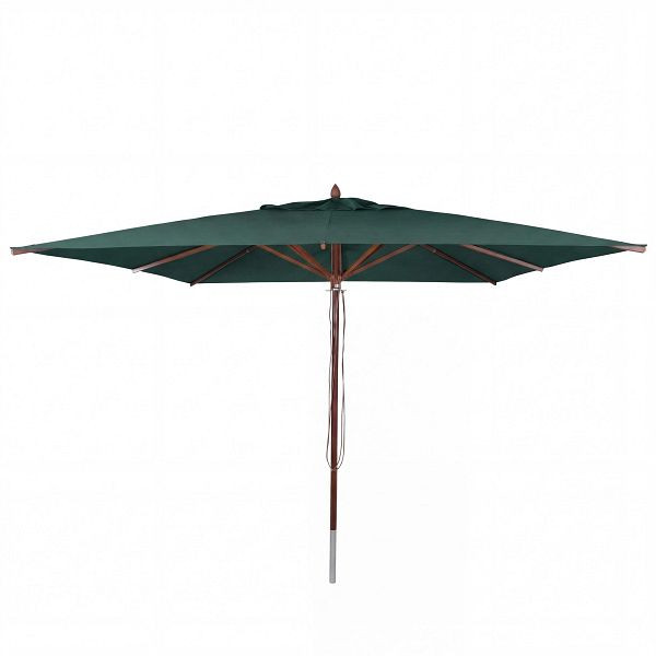 Mendler Gastronomie Holz-Sonnenschirm HWC-C57b, Gartenschirm, Polyester/Holz 17kg, eckig 3x3m Seilzug stoßsicher, dunkelgrün, 120501